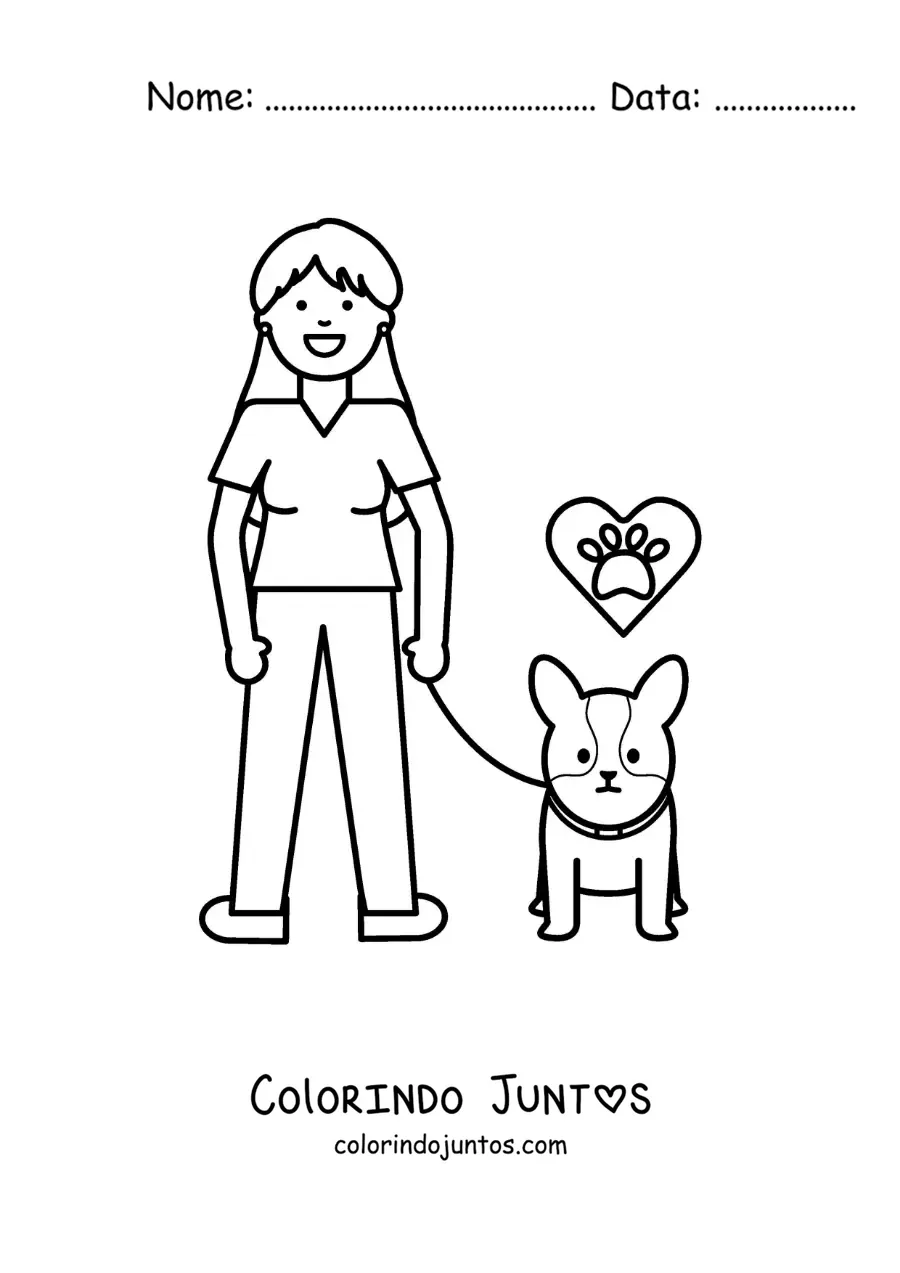 Desenho para colorir de uma garota passeando com seu cachorrinho na coleira