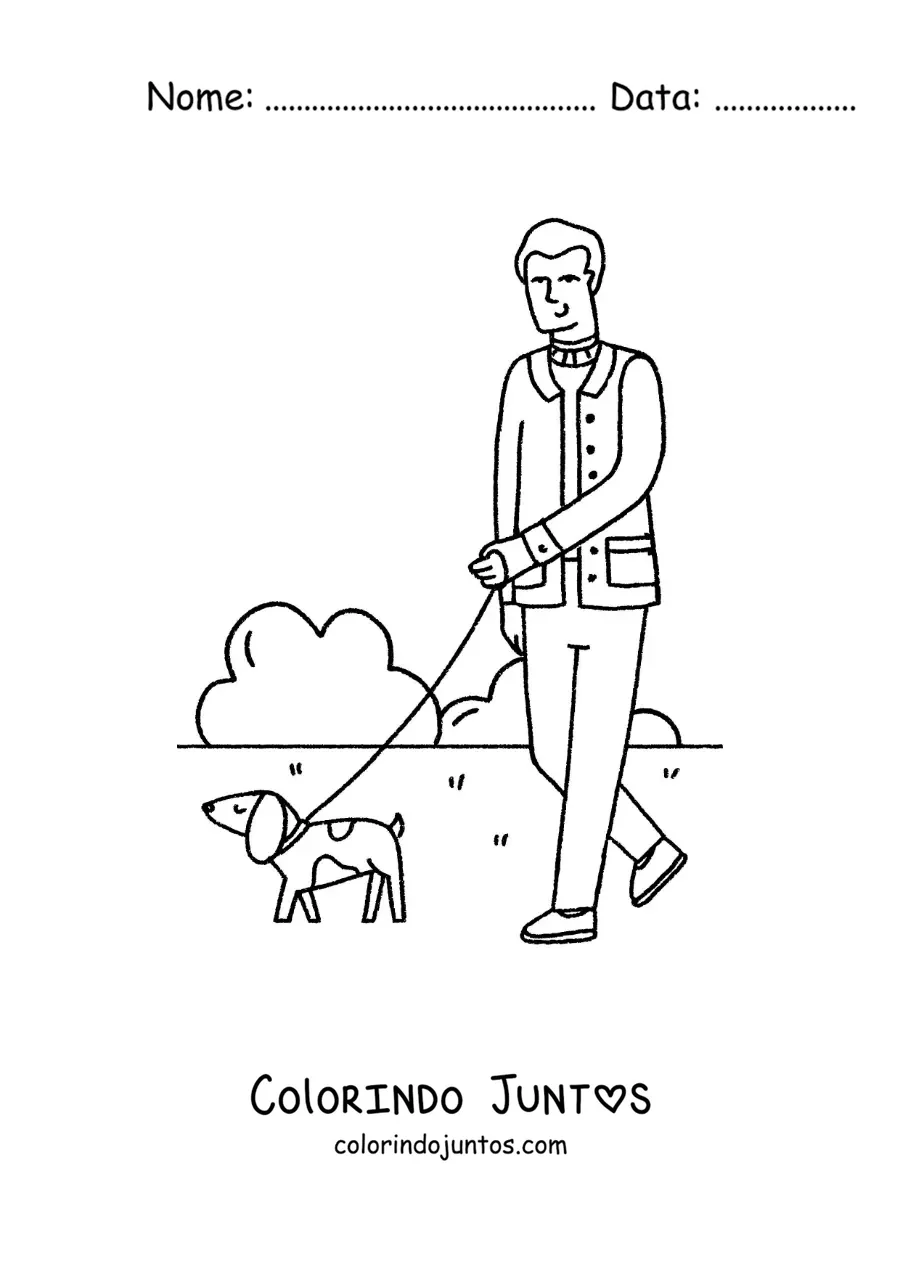 Desenho para colorir de um homem passeando com seu cachorro no parque