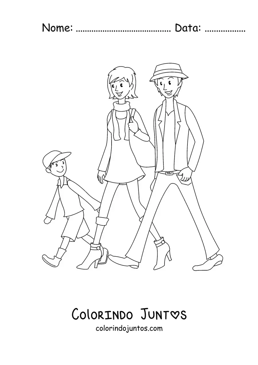 Desenho para colorir de uma família passeando