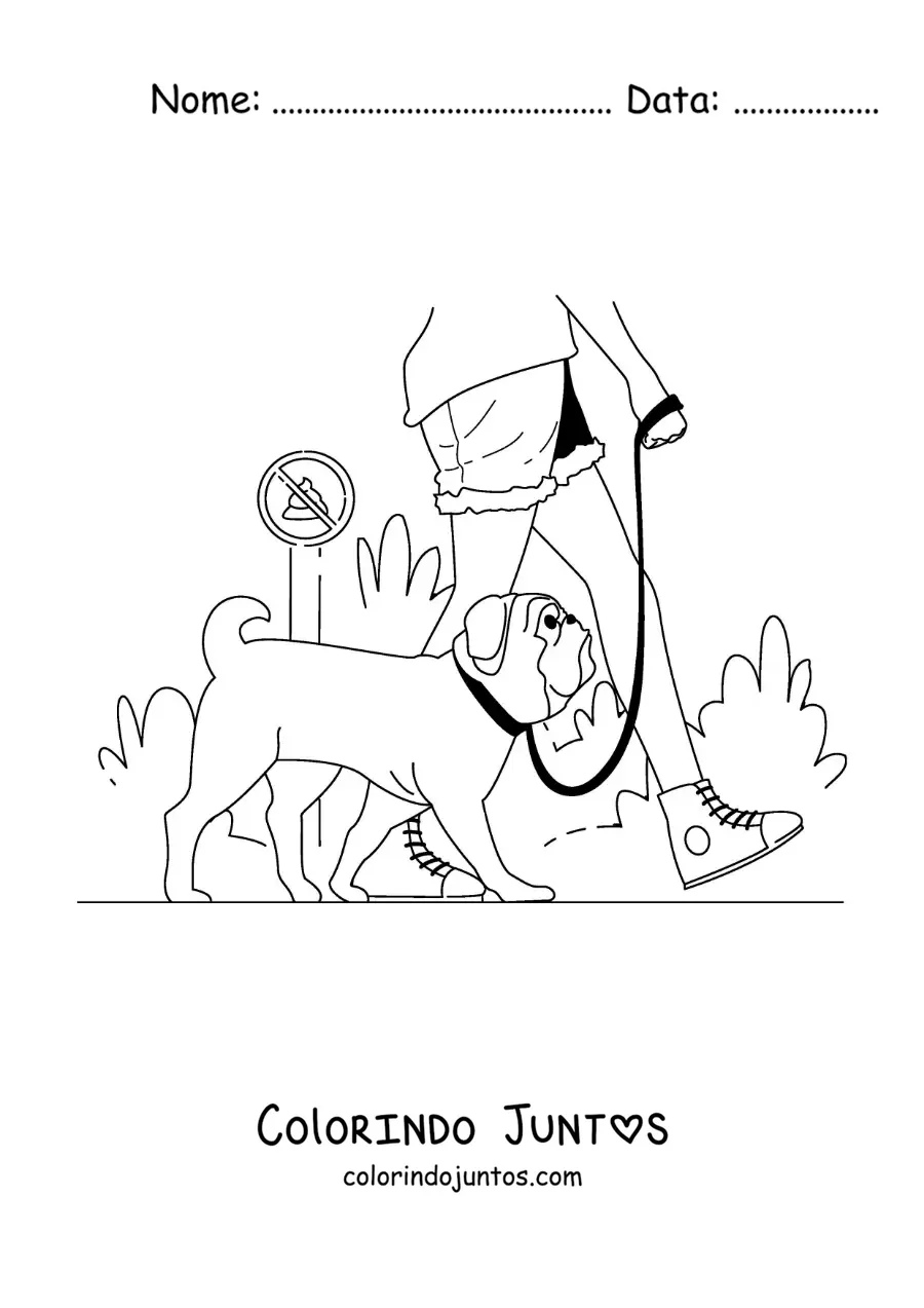 Desenho para colorir de uma garota passeando com seu cachorro pelo parque