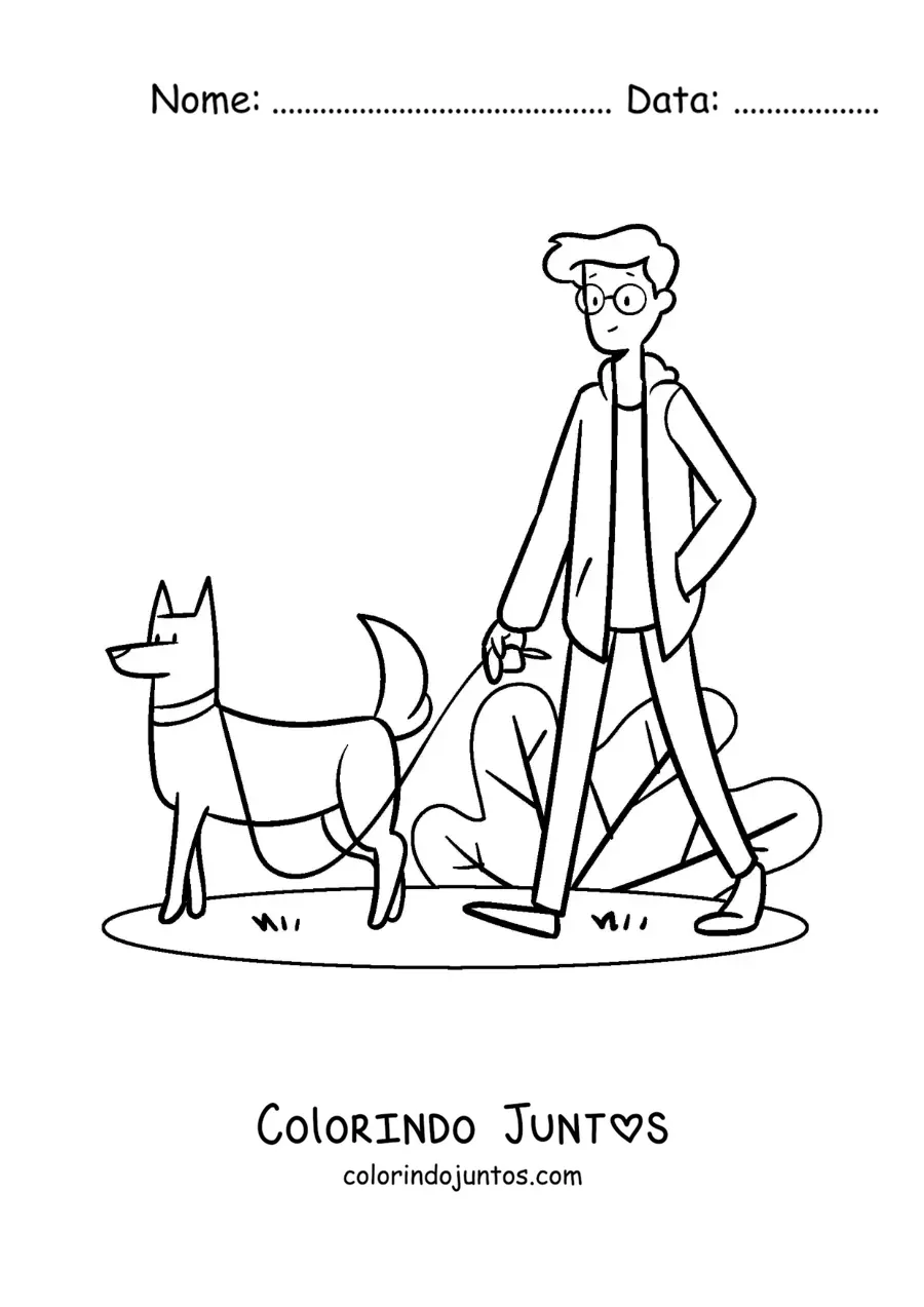 Desenho para colorir de um jovem levando seu cachorro para passear no parque