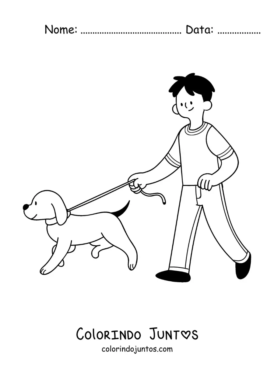 Desenho para colorir de um garoto levando seu cachorro para passear na coleira
