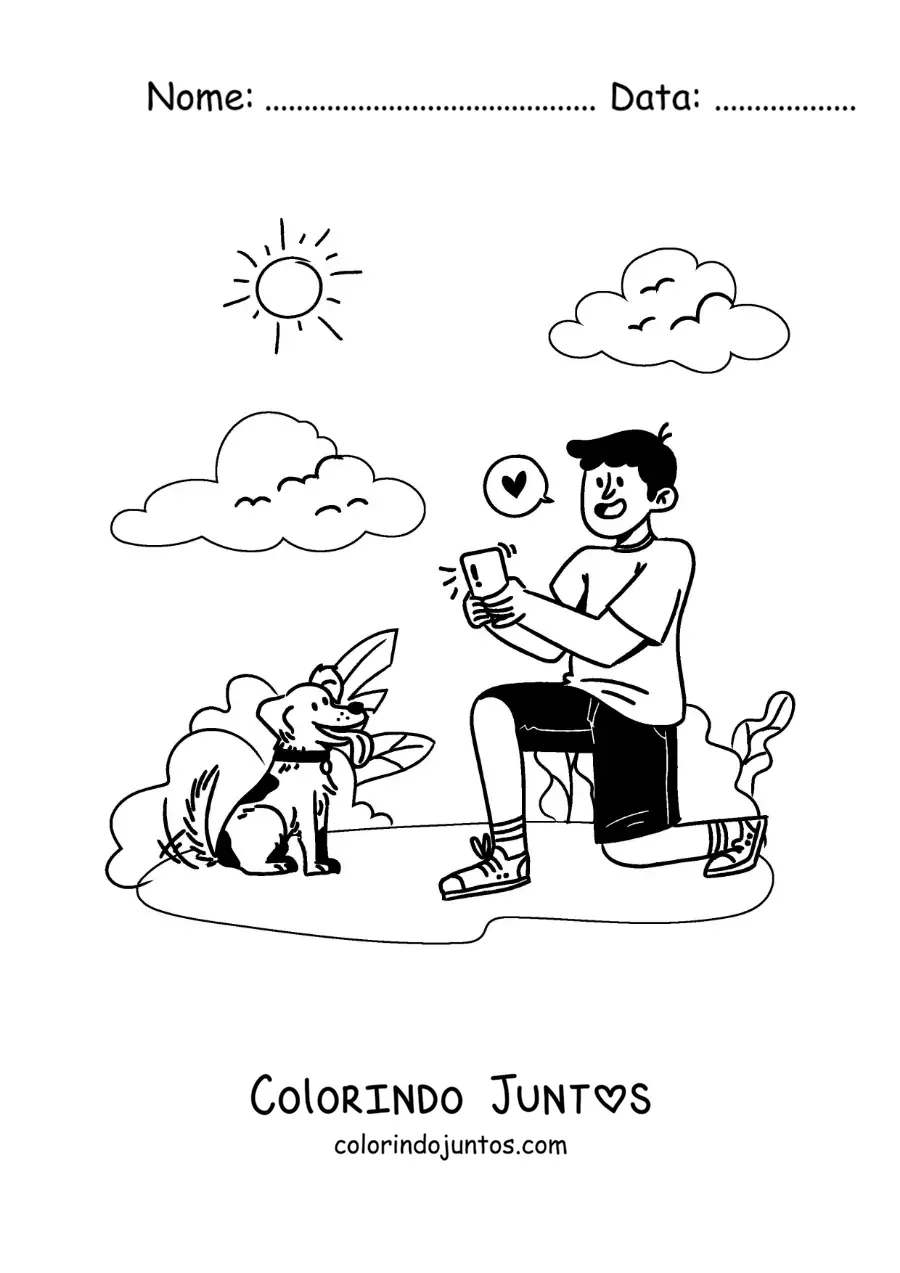 Desenho para colorir de um menino tirando fotos do seu cachorro em um passeio