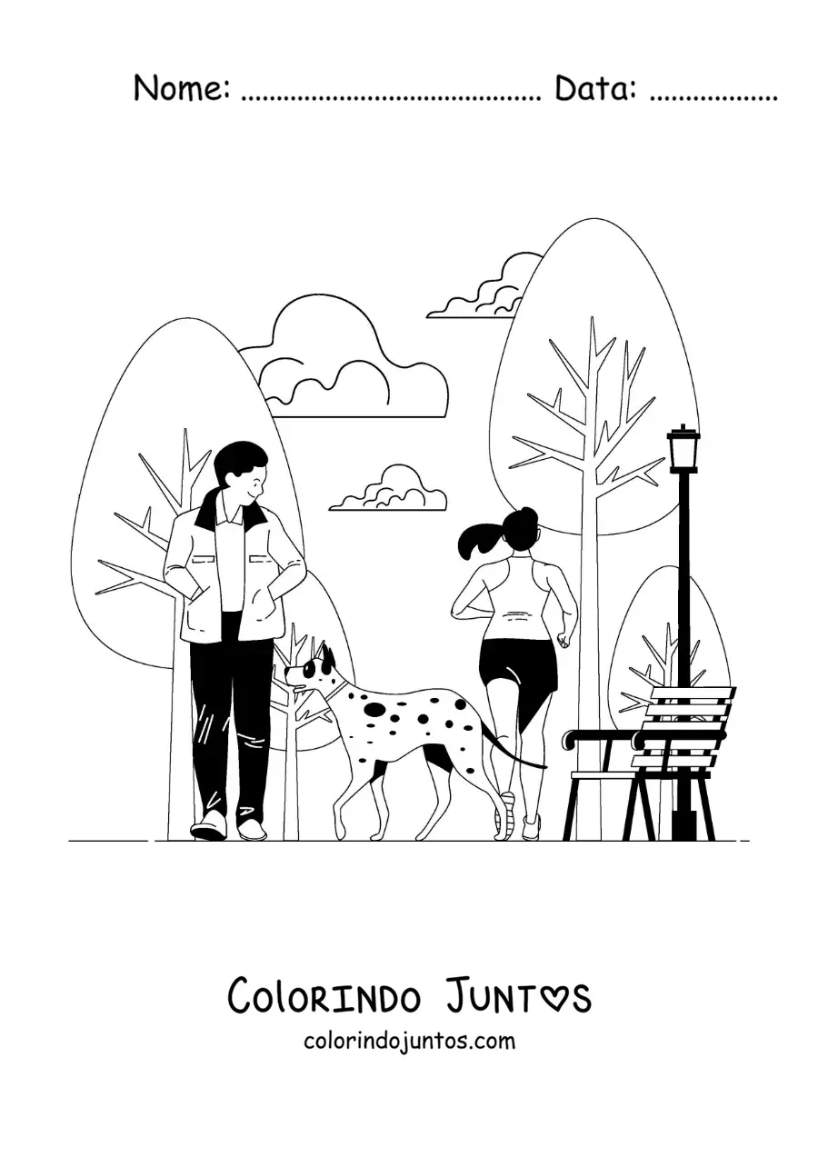 Desenho para colorir de um homem caminhando com seu cachorro no parque