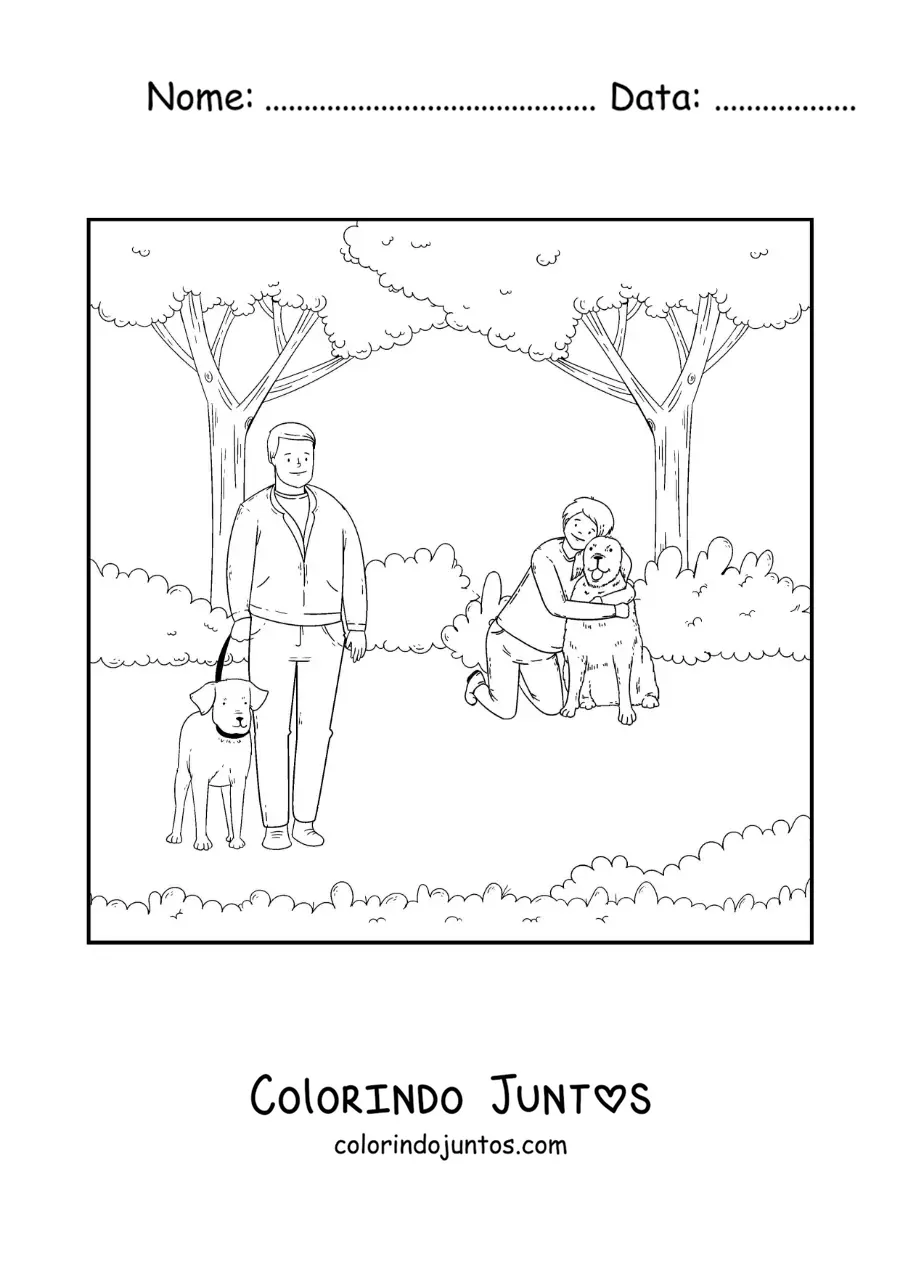 Desenho para colorir de varias pessoas passeando com seus cachorros no parque