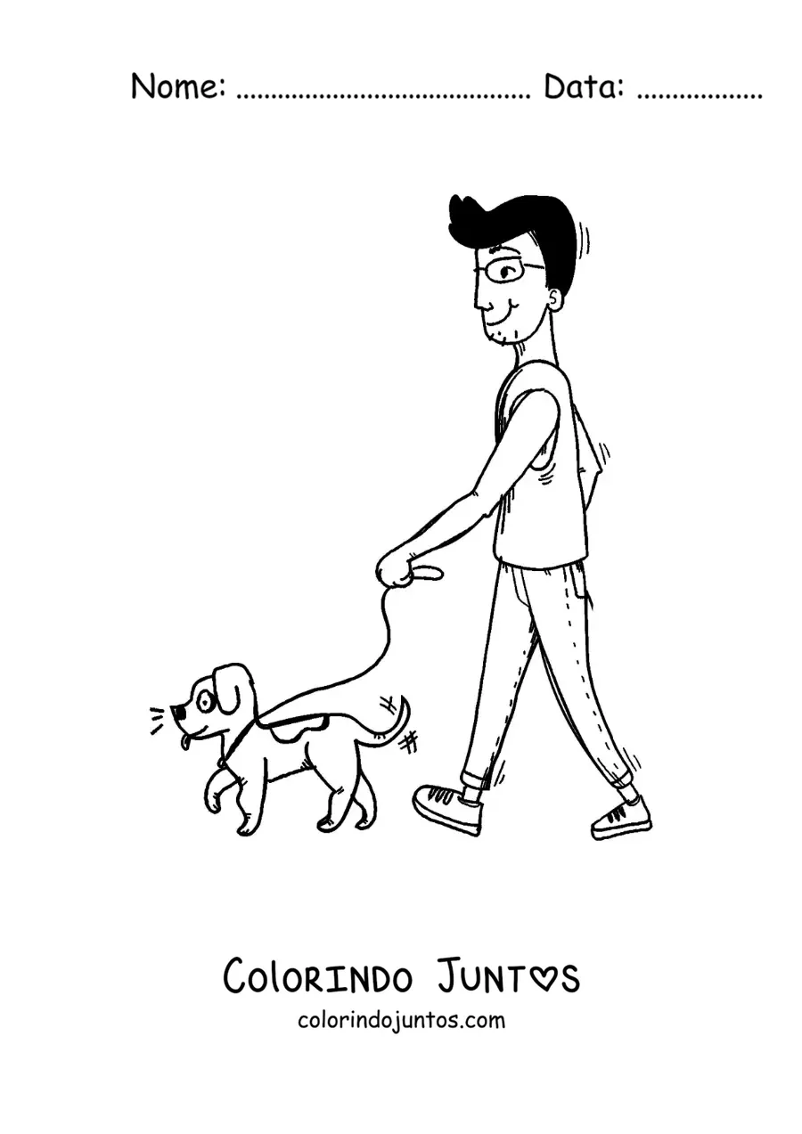 Desenho para colorir de uma caricatura de um homem passeando com seu cachorro