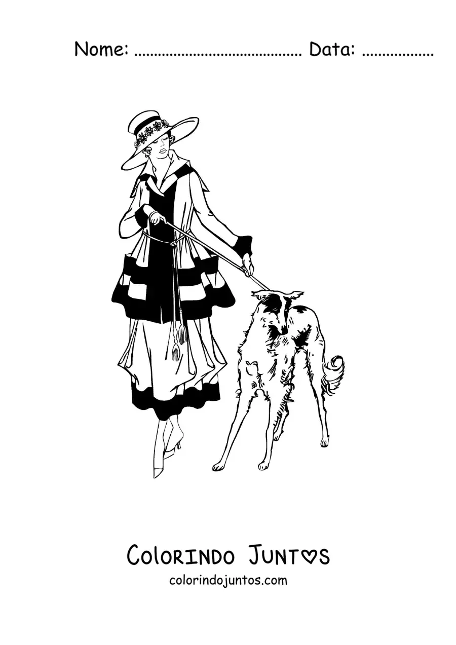 Desenho para colorir de uma garota elegante passeando com seu cachorro
