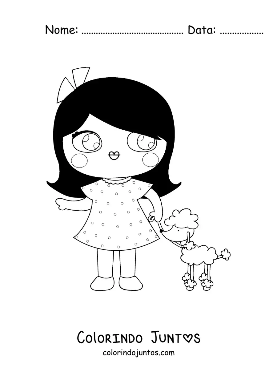 Desenho para colorir de uma boneca animada passeando com seu cachorrinho