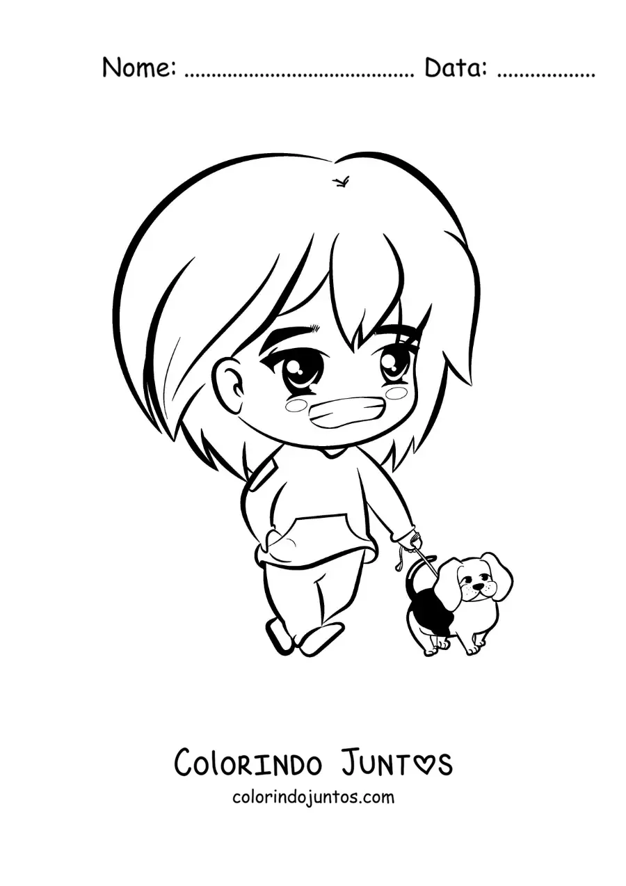 Desenho para colorir de uma menina kawaii passeando com seu cachorro