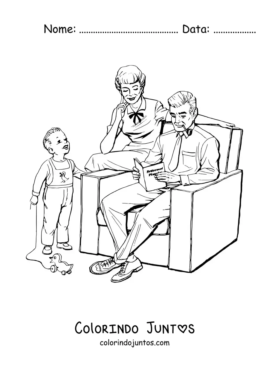 Desenho para colorir de uma família no estilo vintage