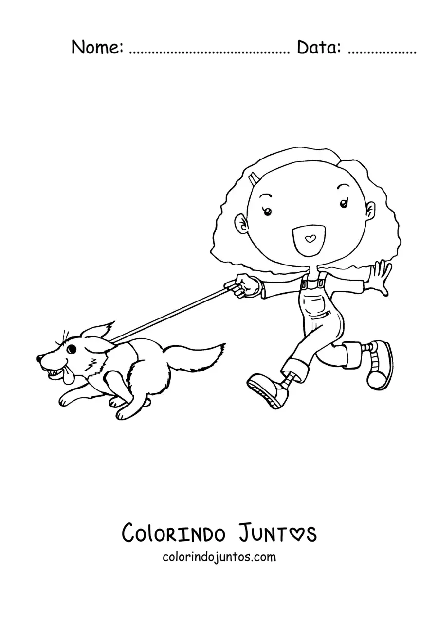 Desenho para colorir de uma menina animada passeando com seu cachorro