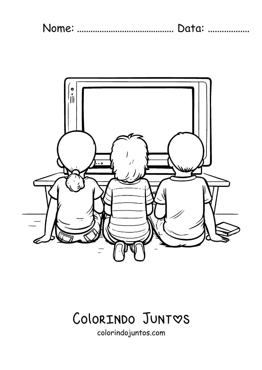Desenho para colorir de criancas sentadas em frente a televisao