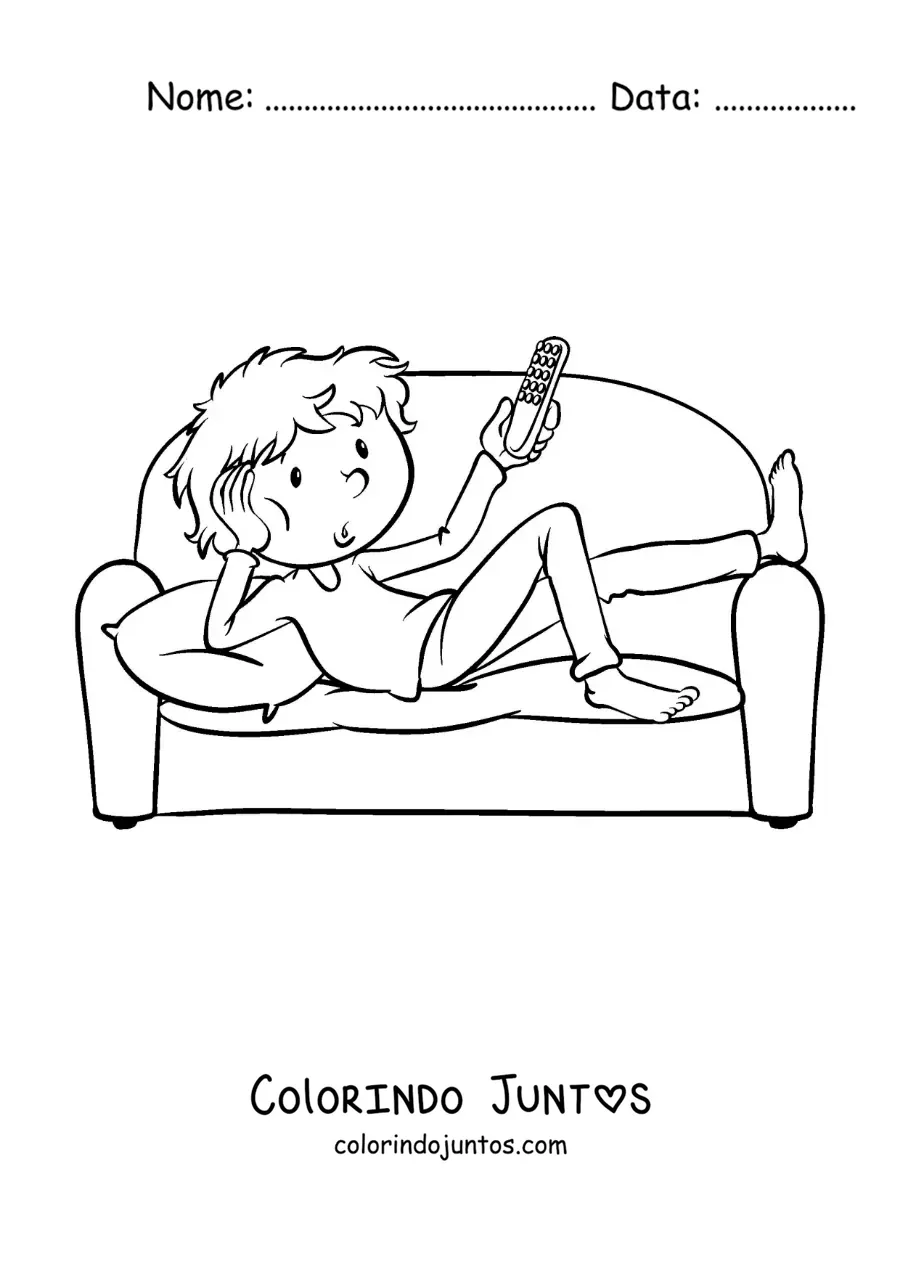 Desenho para colorir de um menino deitado no sofa com o controle da televisao