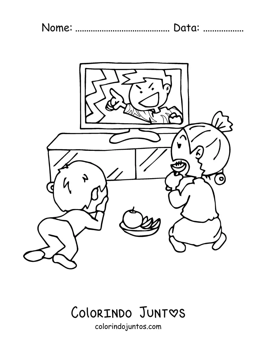 Desenho para colorir de duas criancas comendo frutas e assistindo televisao