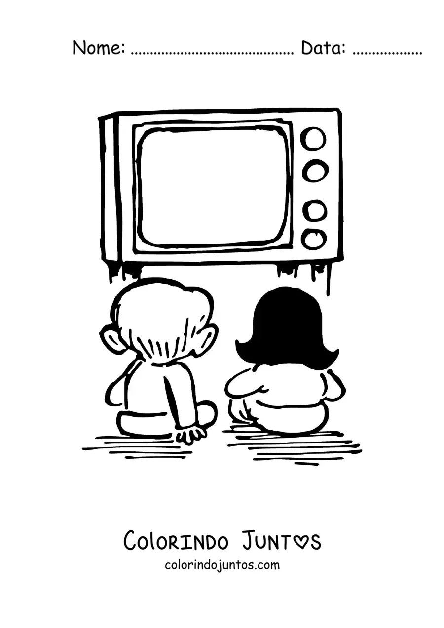Desenho para colorir de uma caricatura de duas criancas assistindo televisao