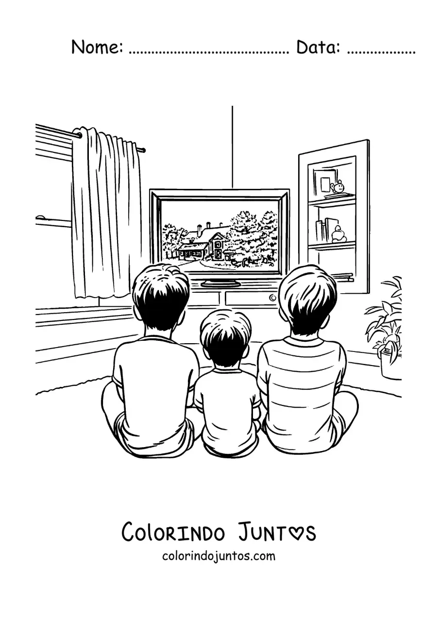 Desenho para colorir de criancas sentadas assistindo TV
