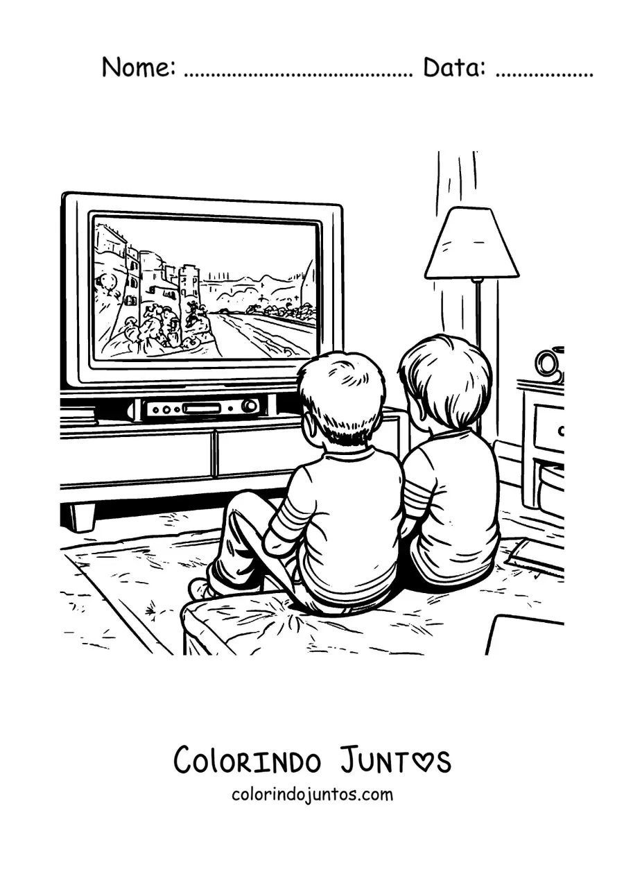 Desenho para colorir de dois meninos amigos assistindo TV
