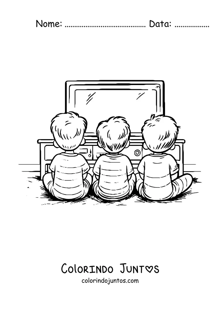 Desenho para colorir de tres irmaos assistindo televisao