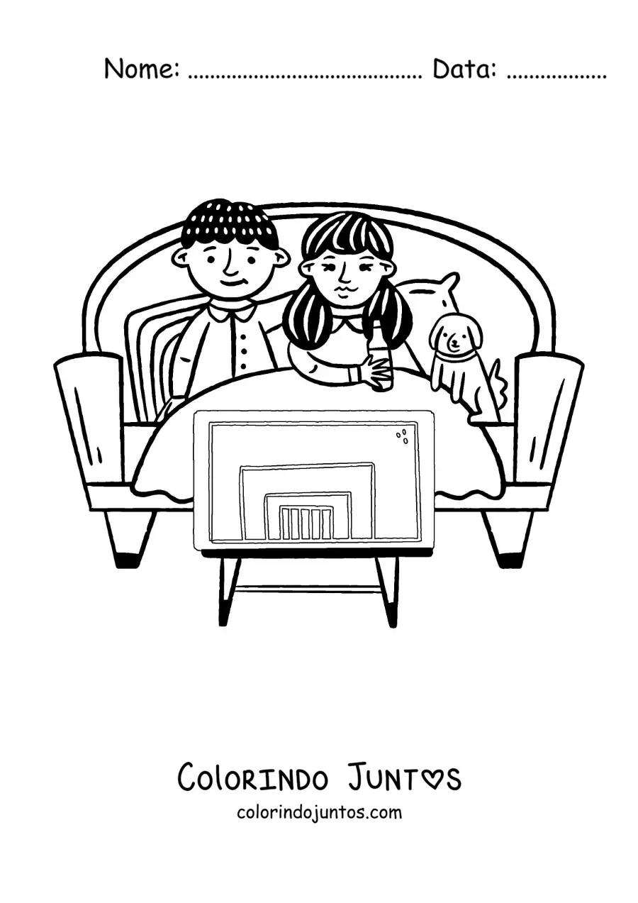 Desenho para colorir de um casal assistindo filmes na TV no sofa