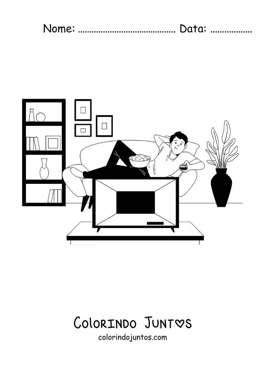 Desenho para colorir de um menino assistindo filmes na TV comendo pipoca