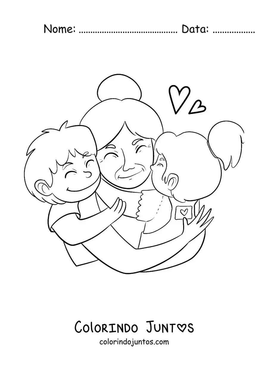 Desenho para colorir de uma vovó abraçando seus dois netos