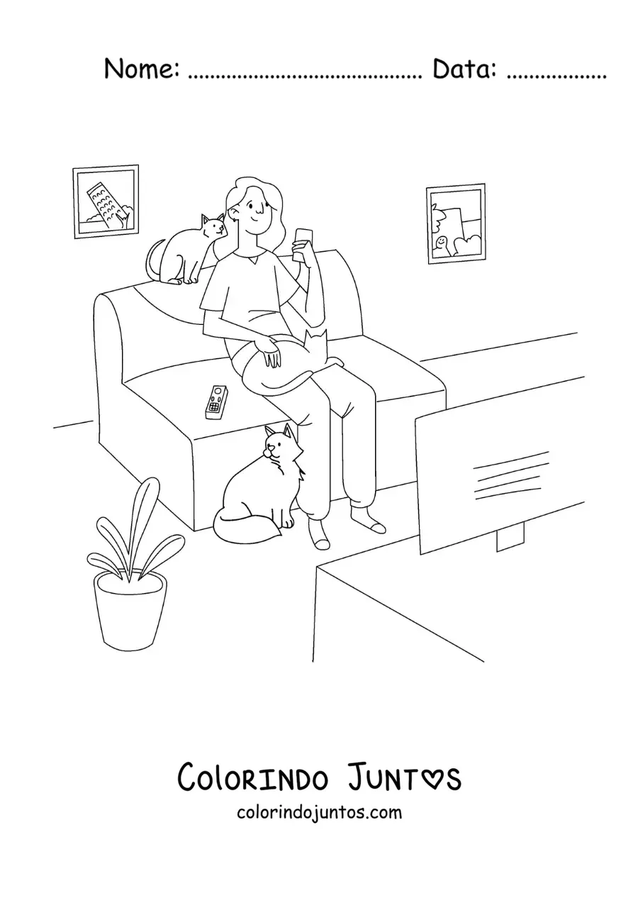 Desenho para colorir de uma menina assistindo TV em casa com seus gatos