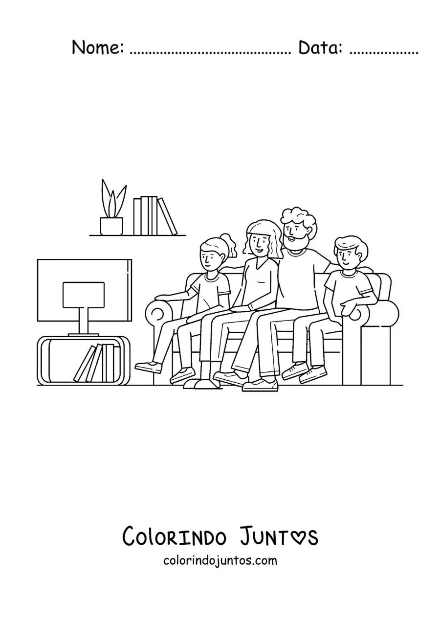 Desenho para colorir de uma familia assistindo televisao em casa