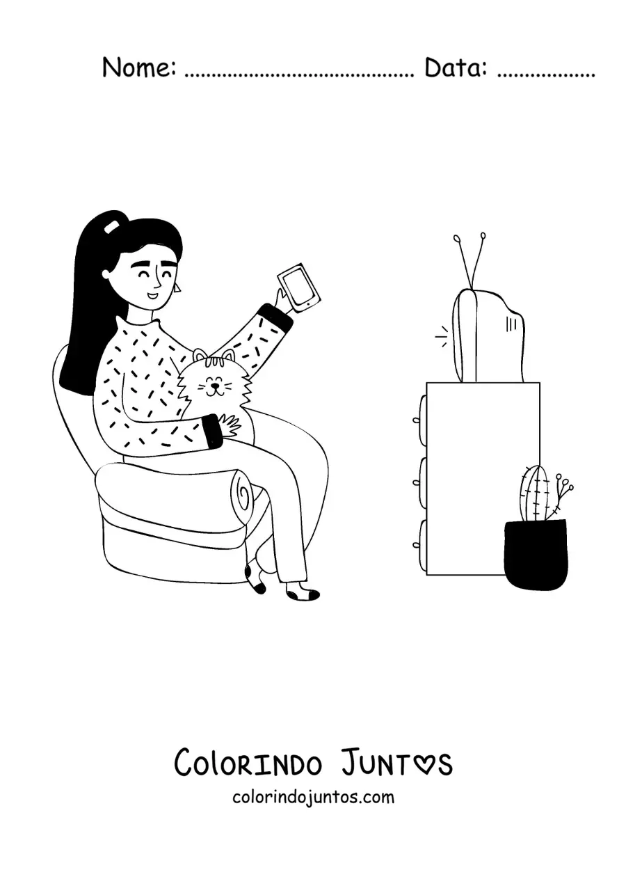 Desenho para colorir de uma menina assistindo televisao com seu gato