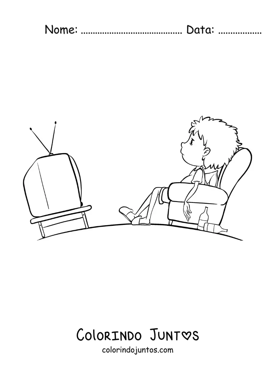 Desenho para colorir de um menino assistindo televisao no sofa