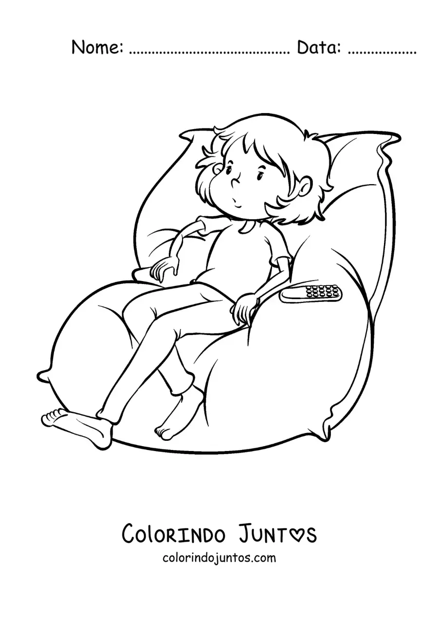 Desenho para colorir de um menino sentado assistindo TV