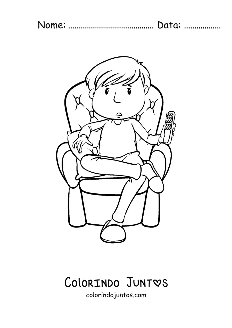 Desenho para colorir de um menino sentado com o controle da TV