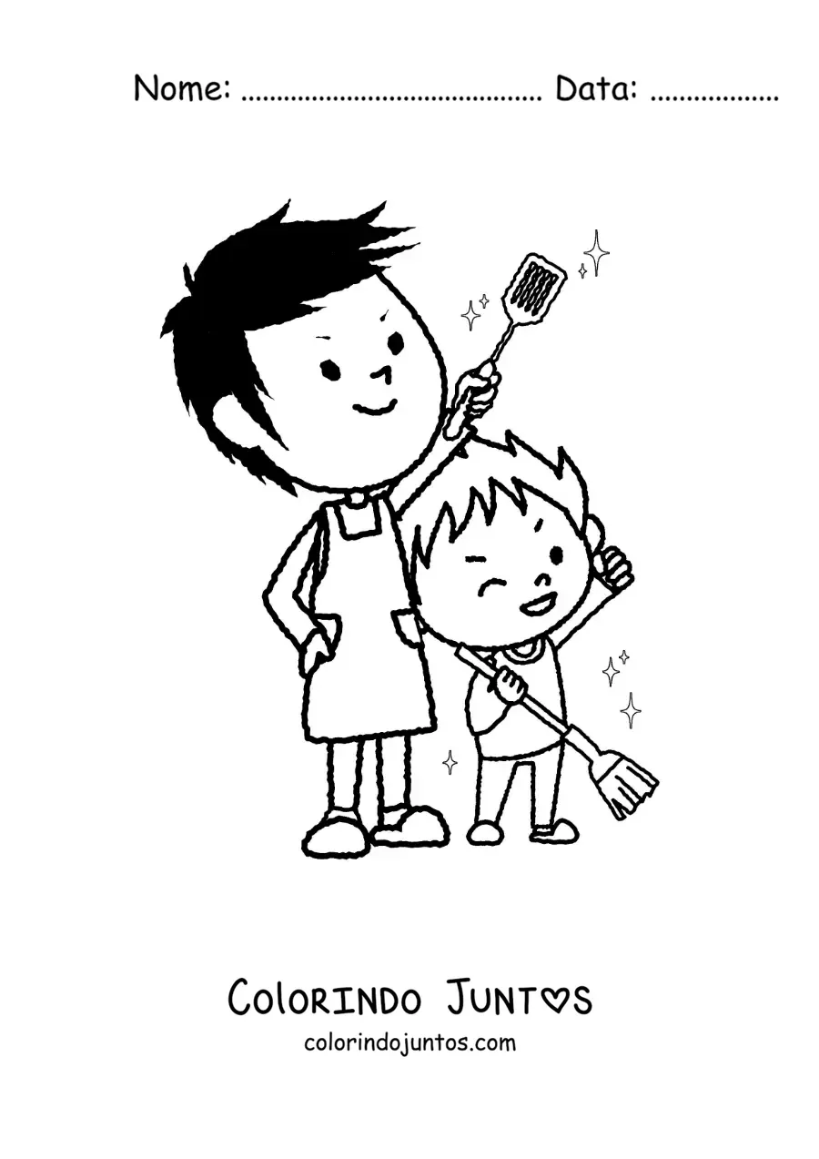 Desenho para colorir de um menino ajudando seu pai a limpar a casa