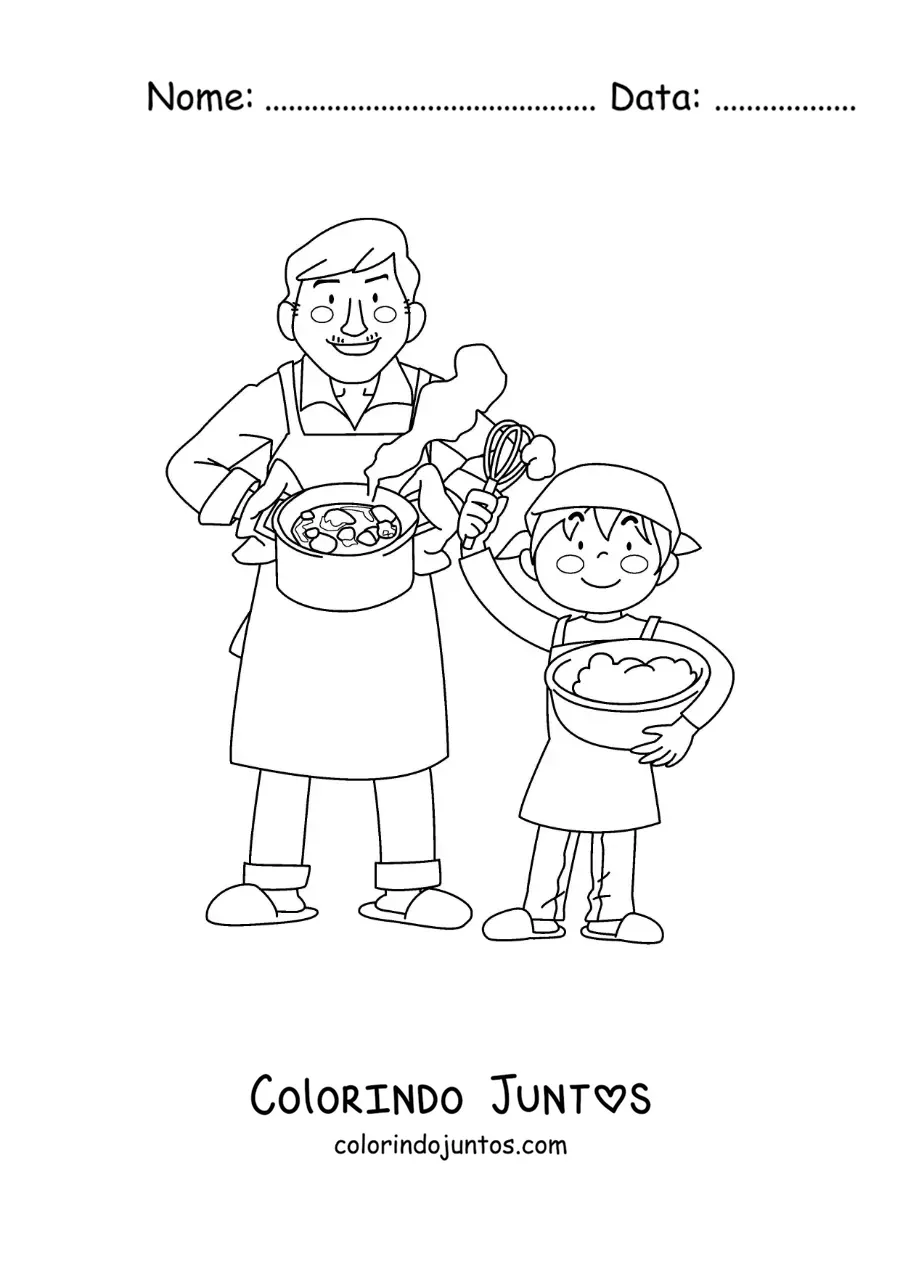 Desenho para colorir de um menino ajudando seu pai a cozinhar em casa