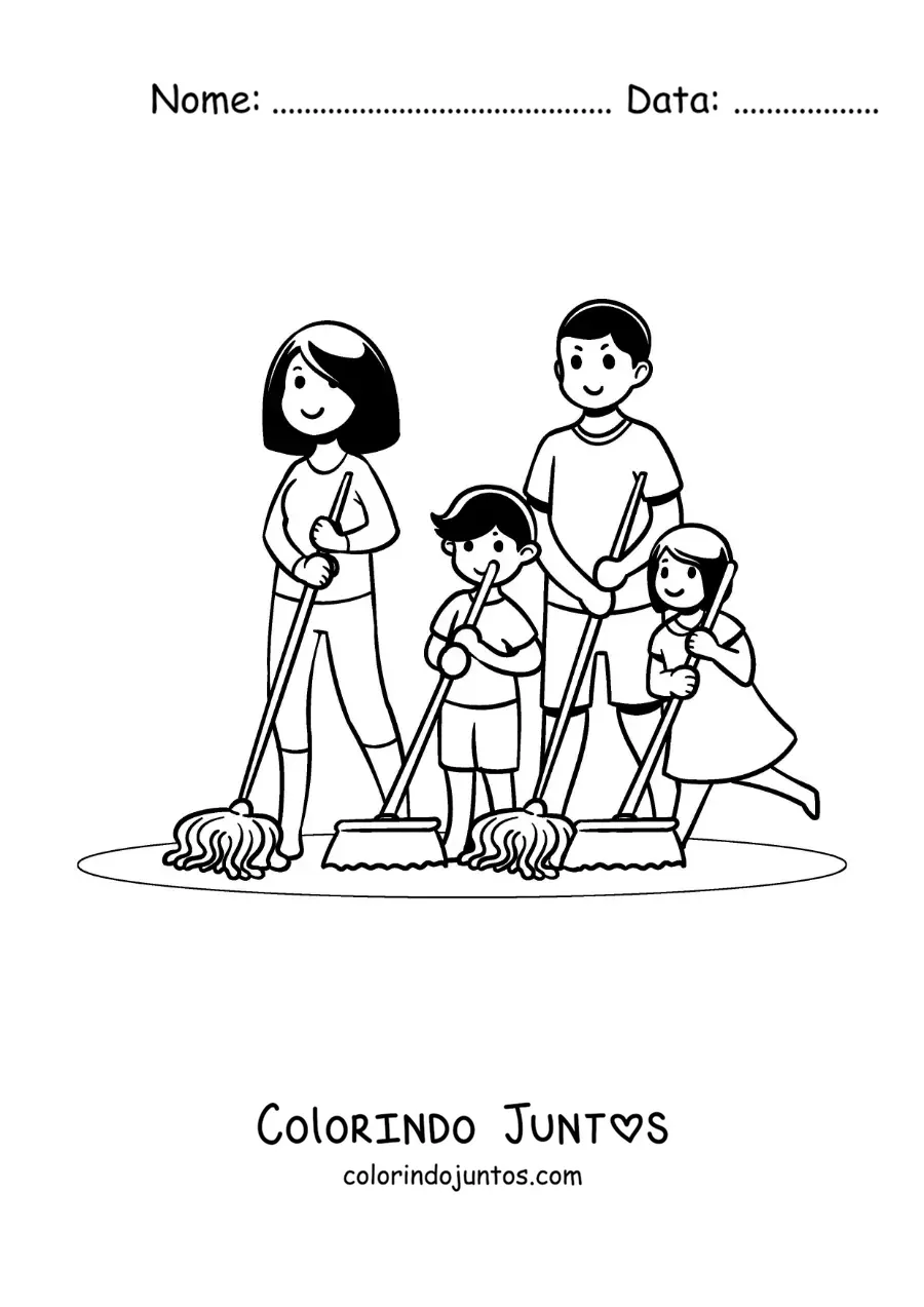 Desenho para colorir de uma familia limpando a casa
