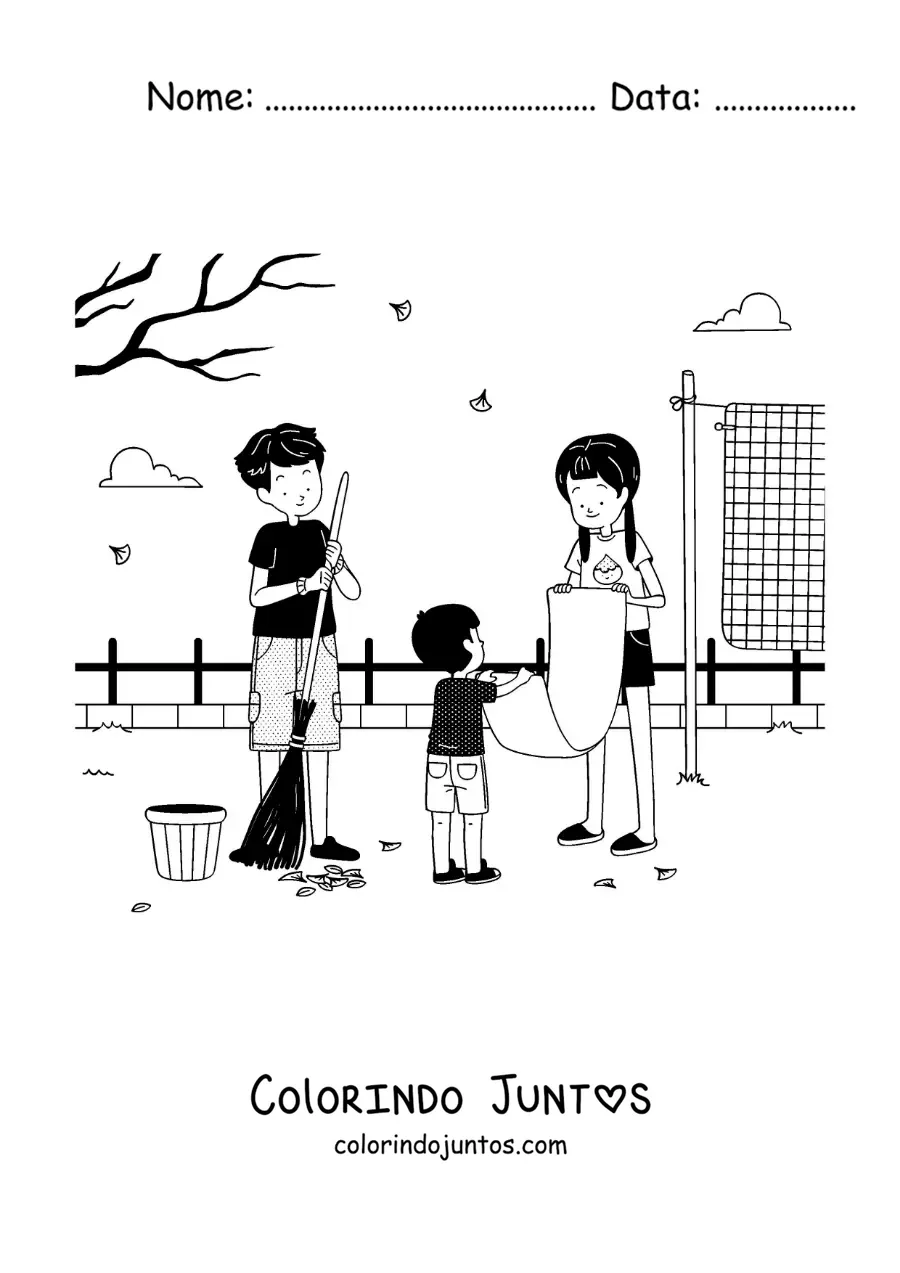 Desenho para colorir de criancas ajudando a mae a arrumar o quintal