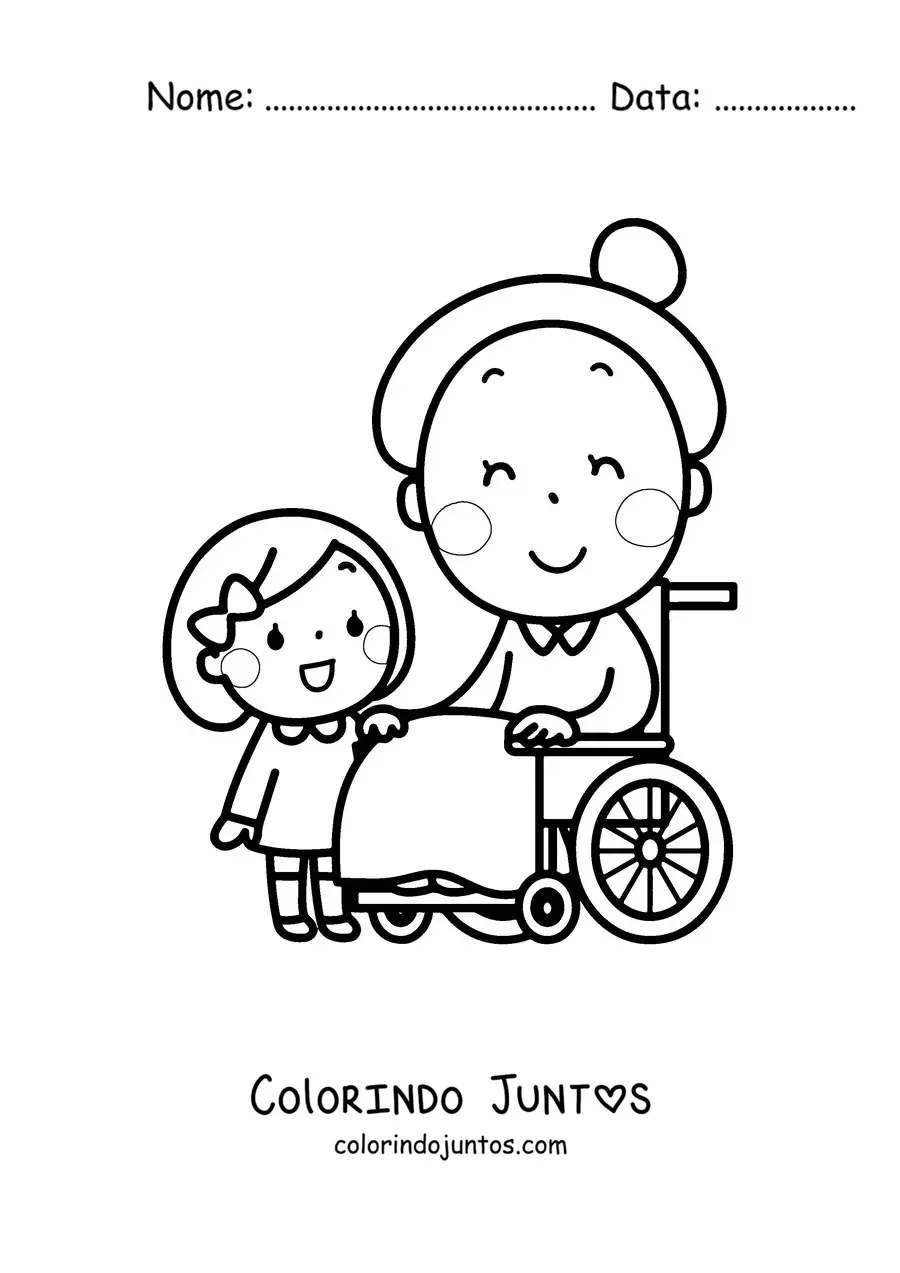 Desenho para colorir de uma vovó kawaii sentada ao lado da netinha em pé