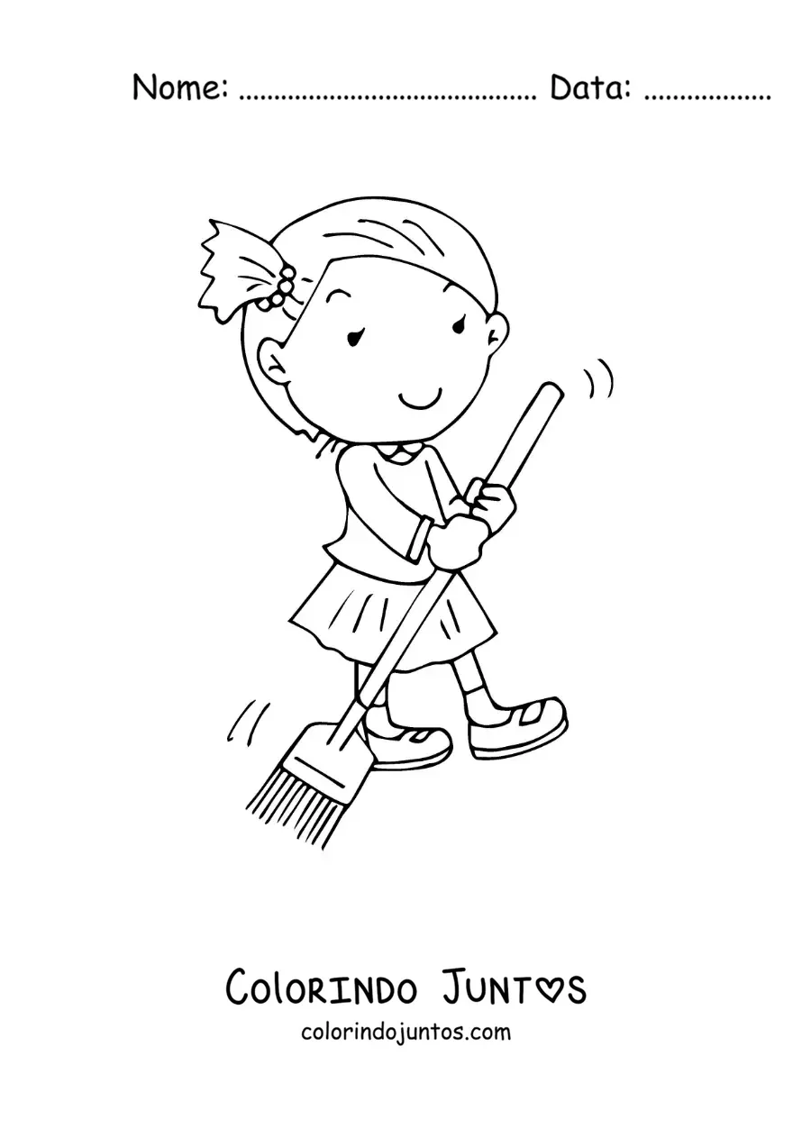 Desenho para colorir de uma menina ajudando a varrer em casa