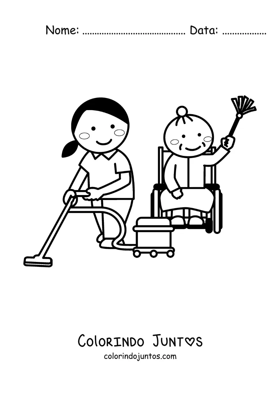 Desenho para colorir de uma menina e uma avo limpando a casa