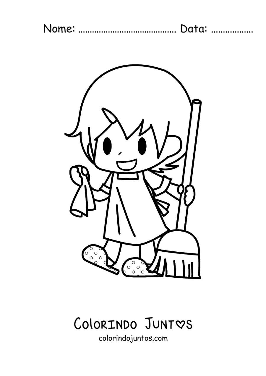 Desenho para colorir de uma menina kawaii com uma vassoura para limpar o chao