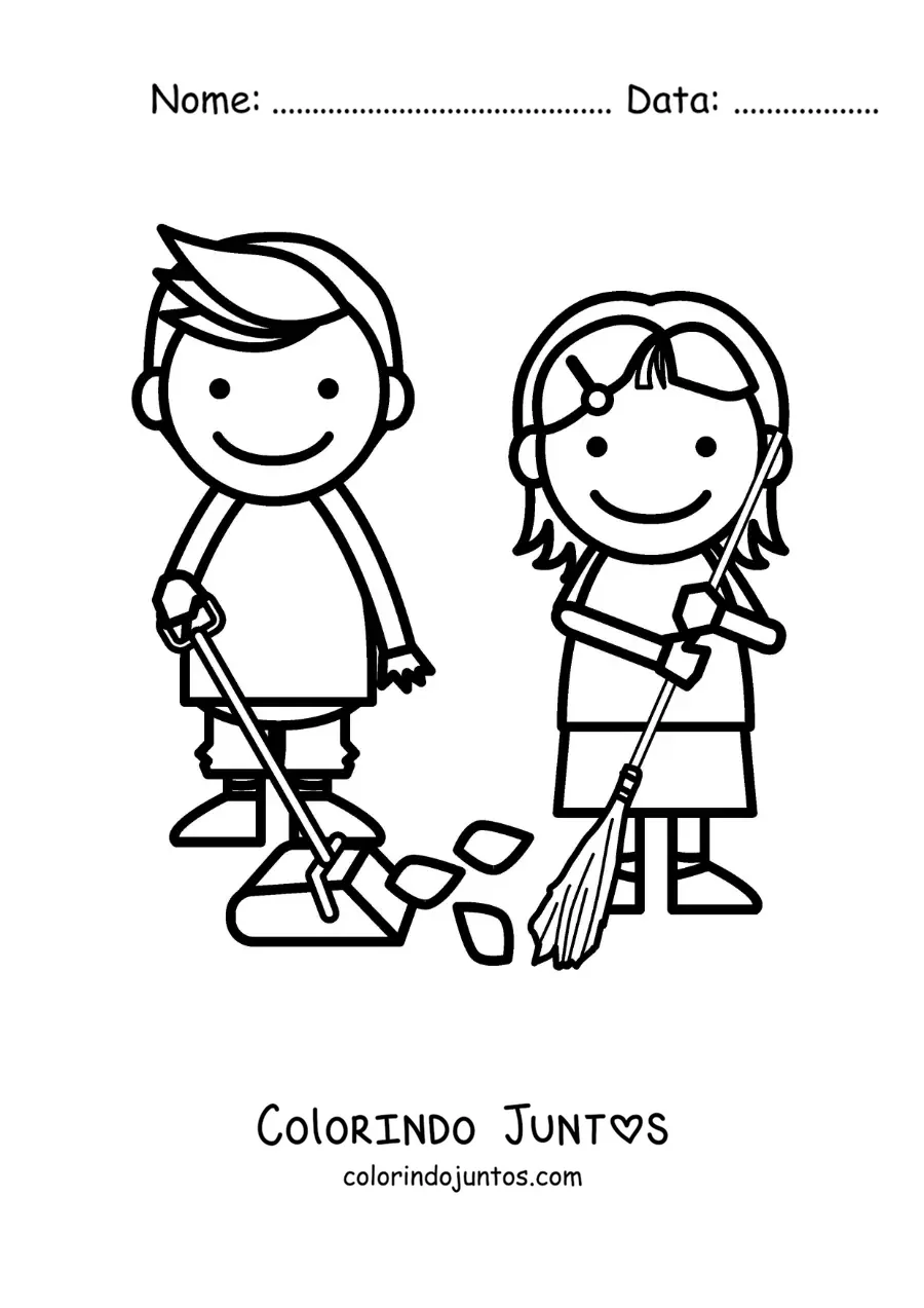 Desenho para colorir de duas criancas varrendo em casa
