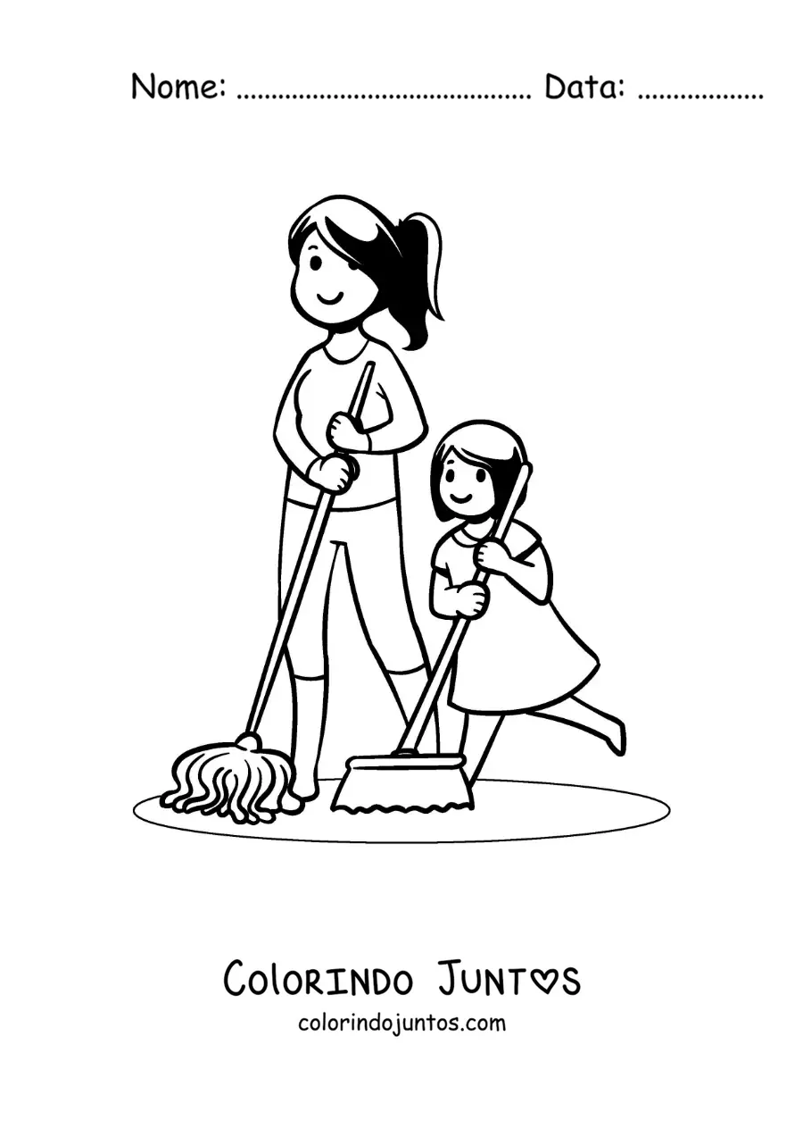 Desenho para colorir de uma mae e sua filha varrendo o chao