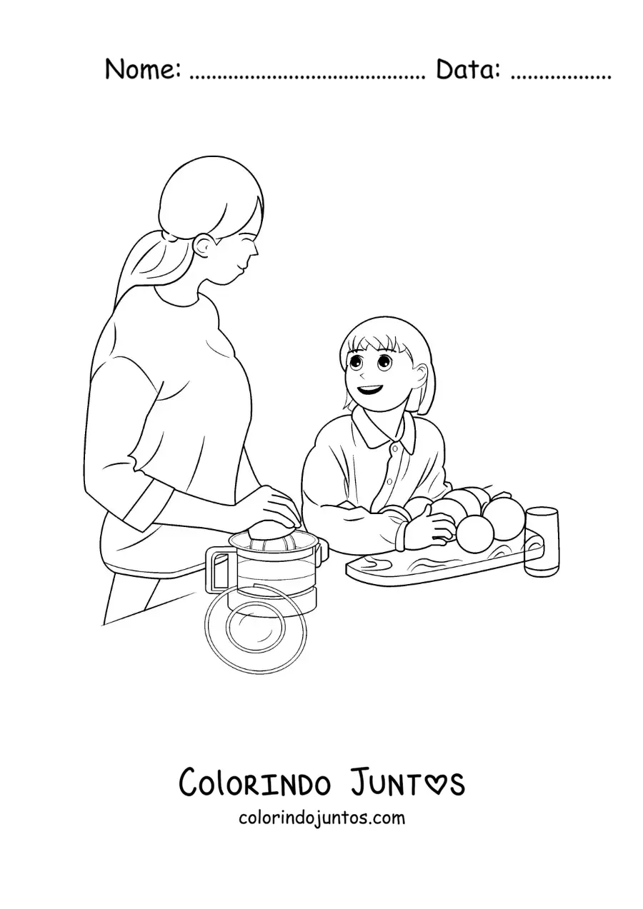 Desenho para colorir de uma mae e sua filha cozinhando