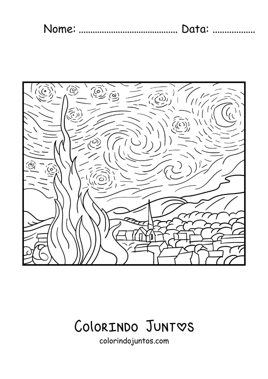 Desenho para colorir da noite estrelada de Van Gogh