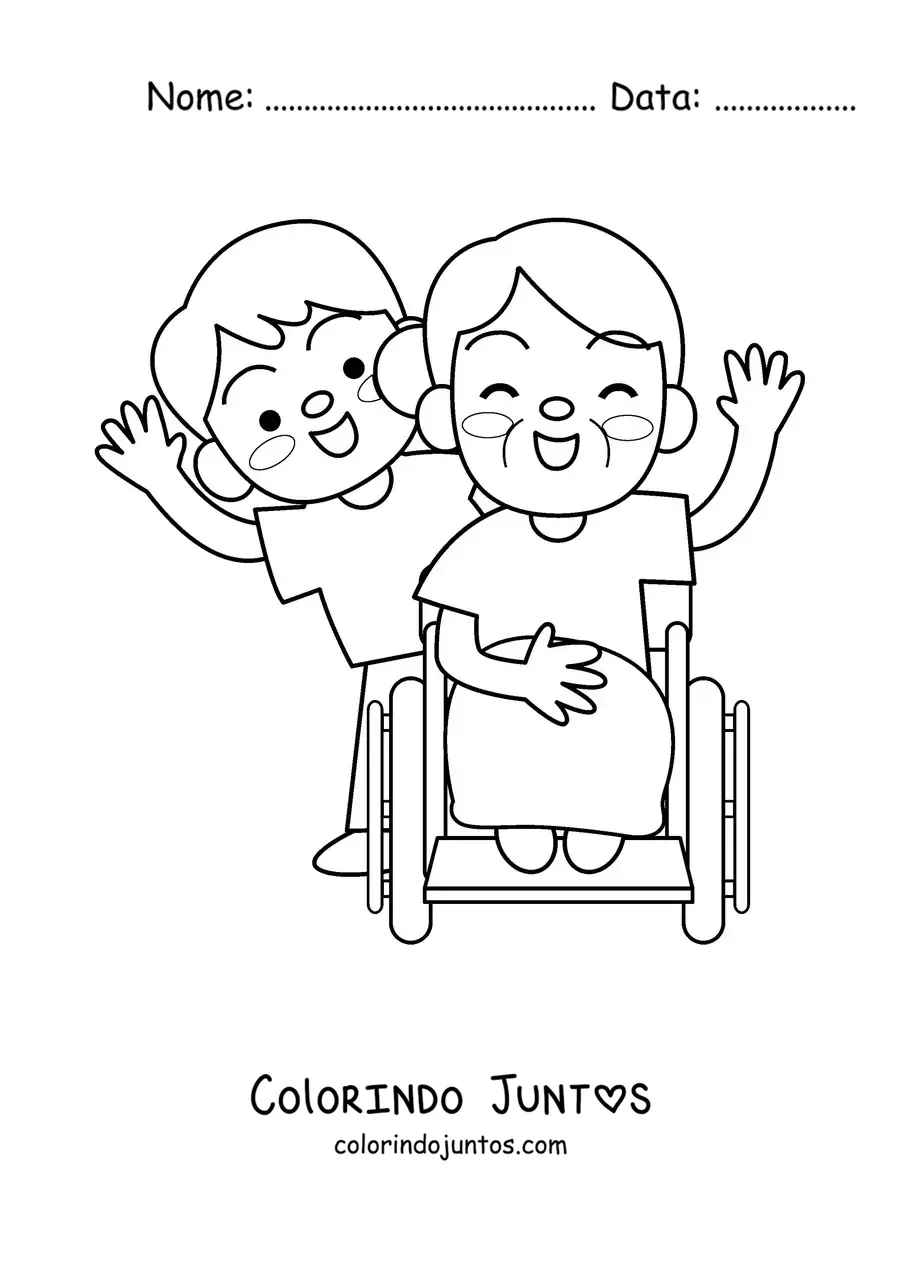 Desenho para colorir de uma vovó kawaii em cadeira de rodas conduzida pelo netinho