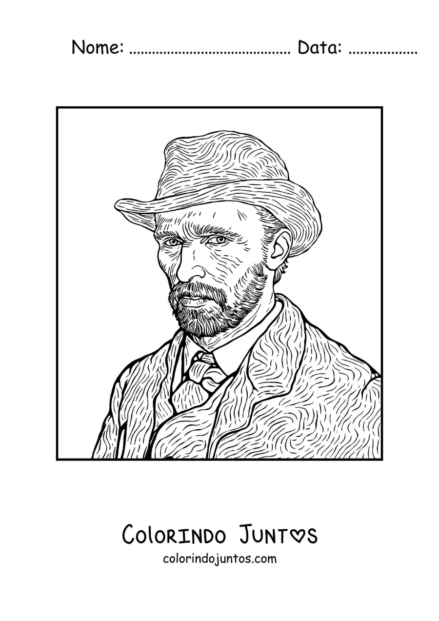 Desenho para colorir do autorretrato com chapeu de Van Gogh