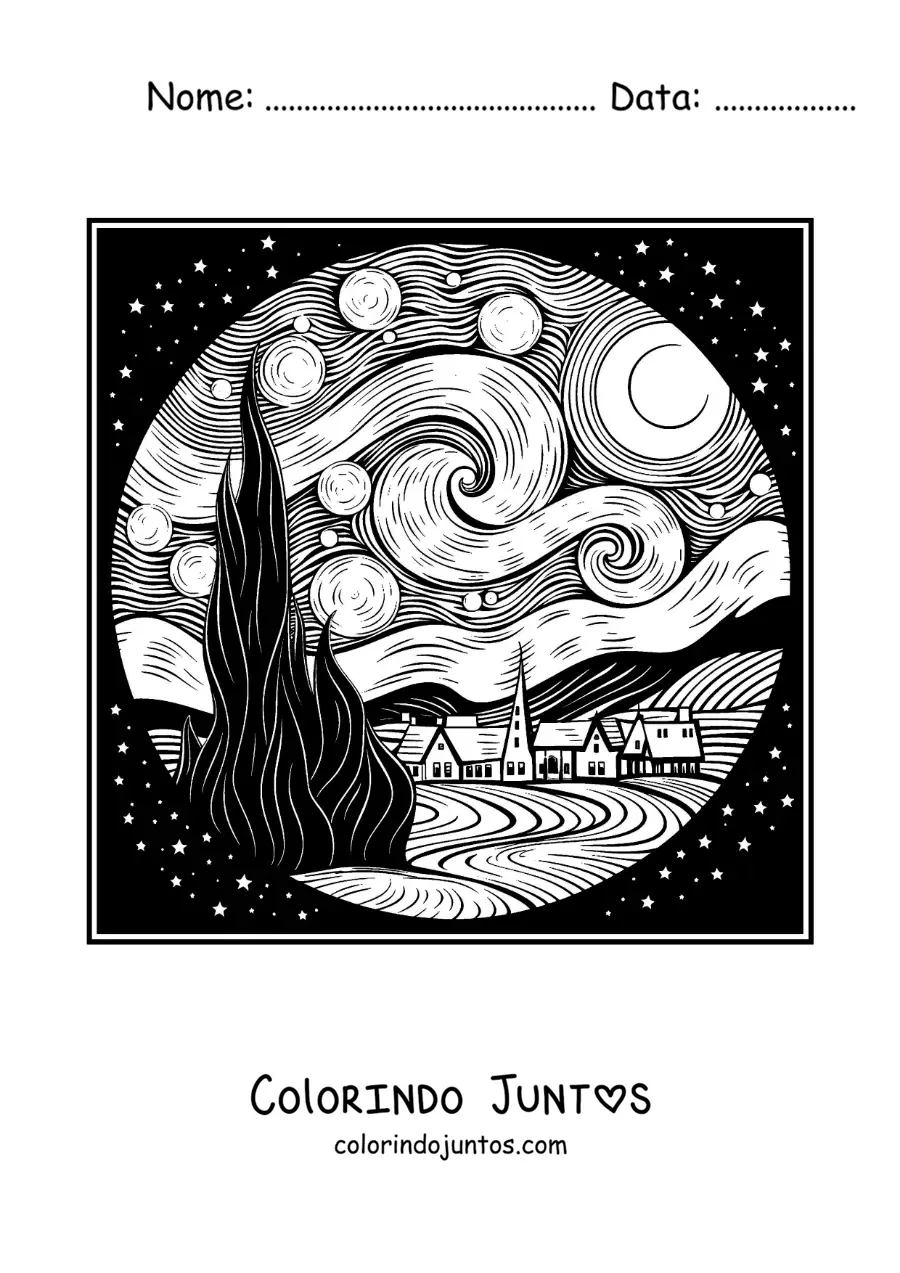 Desenho para colorir do quadro A noite estrelada de Vincent Van Gogh
