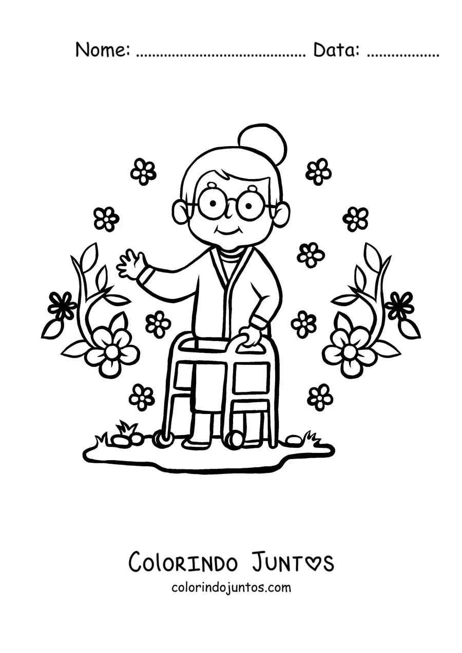 Desenho para colorir de uma vovó fofa rodeada de flores