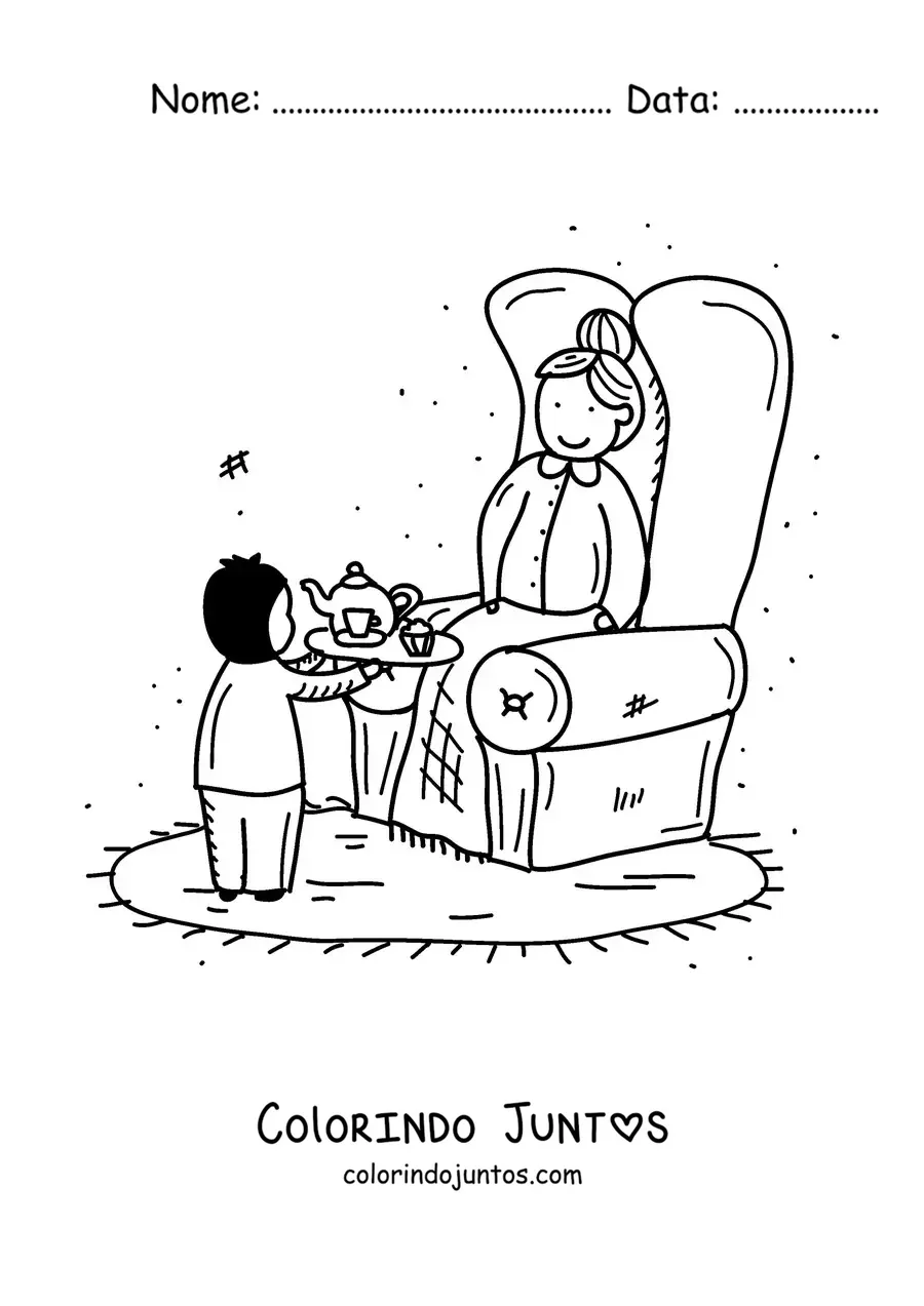 Desenho para colorir de uma vovó sentada enquanto o neto lhe serve chá
