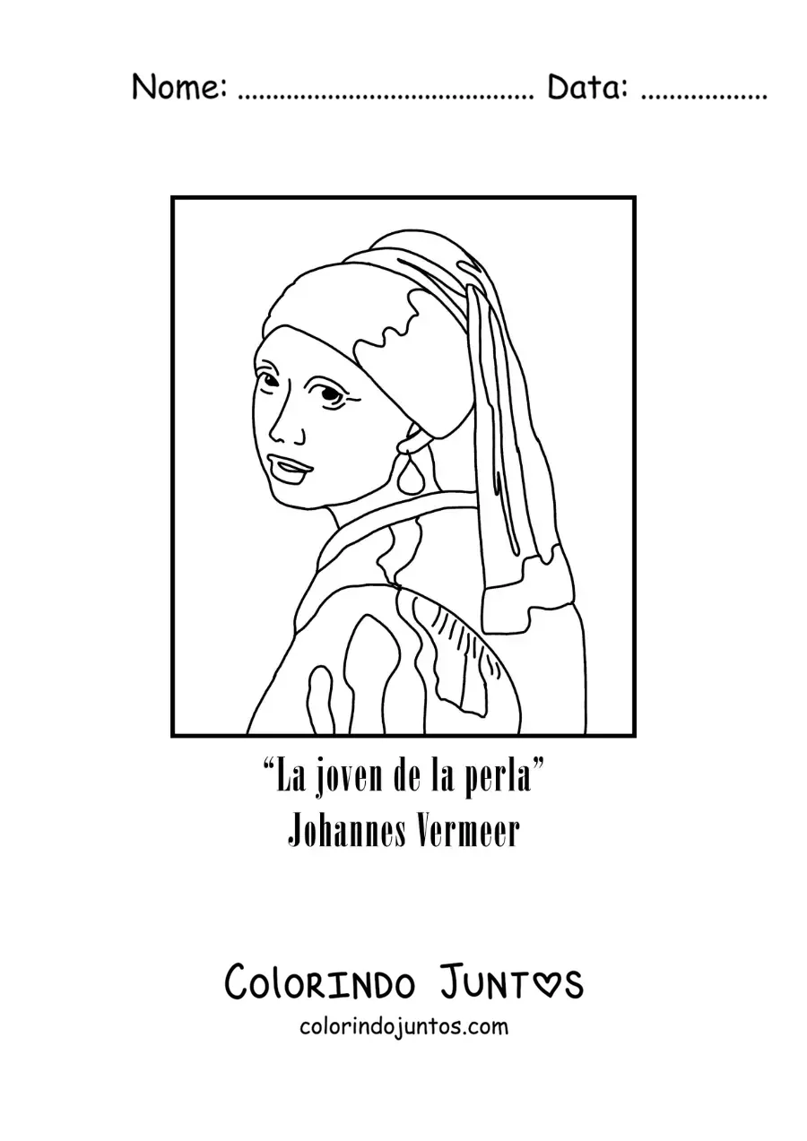 Desenho para colorir da Moca com Brinco de Perola de Johannes Vermeer
