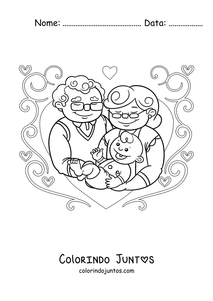 Desenho para colorir de um casal de avós carregando seu neto bebê